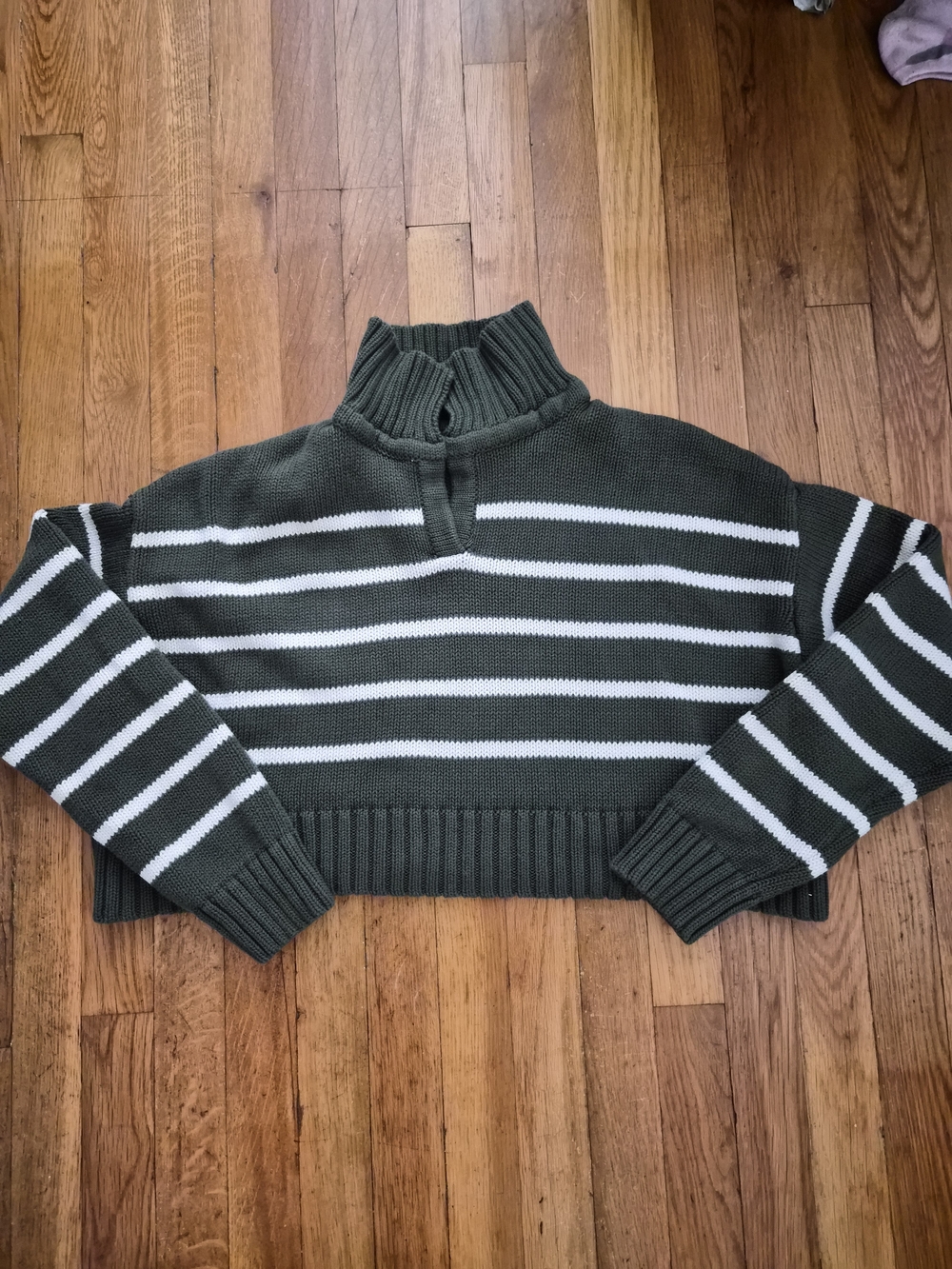 La Hearts Olive Green and White Striped Cropped Turtleneck Sweater